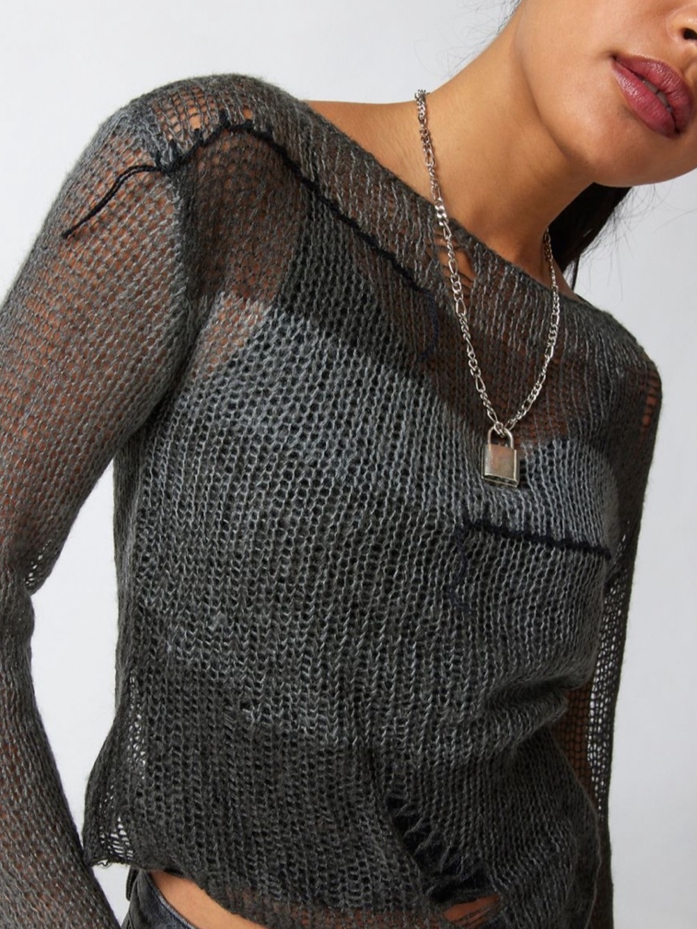 Urban Outfitters Sheer Knit Sweater - Charcoal Gray
